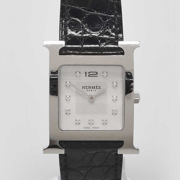 Hermes Palladium Plated and Diamond Black Alligator Heure H Small Quartz Watch - Picture 1 of 7